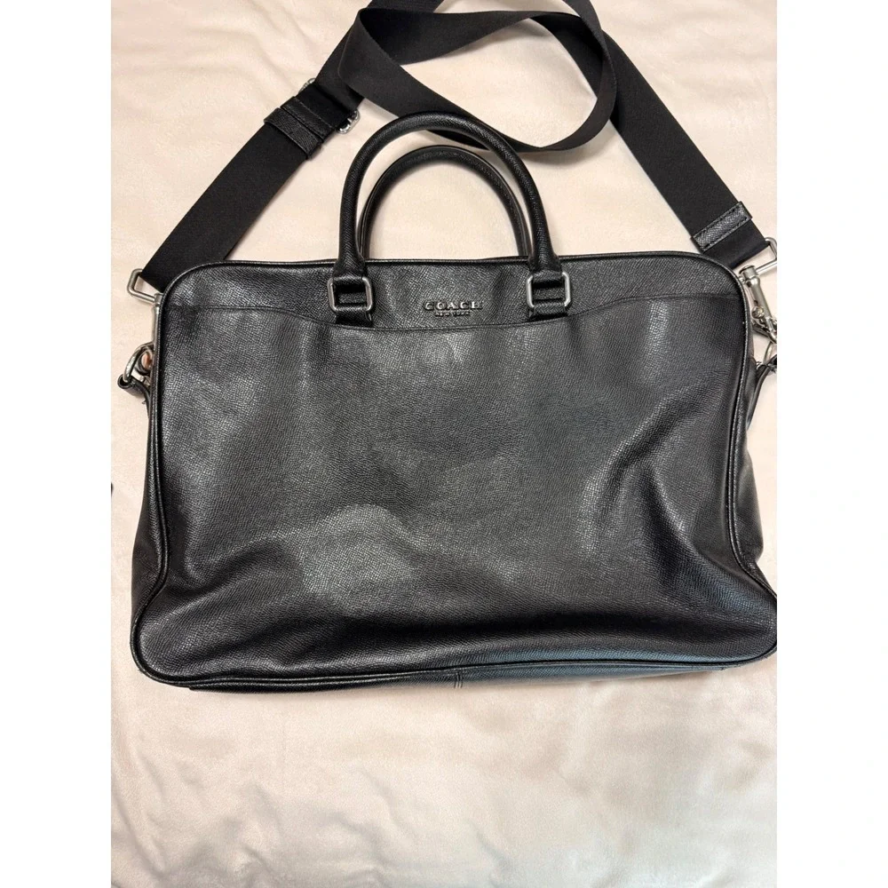 Coach Beckett Black Crossgrain Leather Slim Briefcase Laptop Bag Silver Hardware